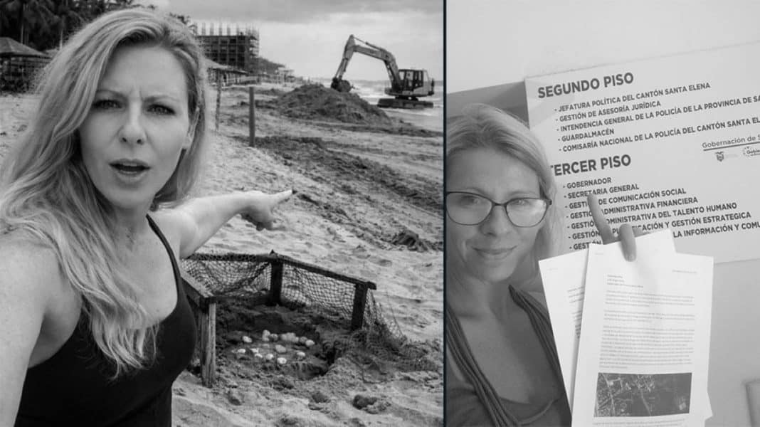 Dwie kobiety na zdjęciach: jedna na plaży wskazuje na wykop, druga trzyma dokumenty w biurze.