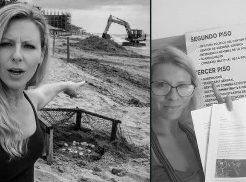 Dwie kobiety na zdjęciach: jedna na plaży wskazuje na wykop, druga trzyma dokumenty w biurze.