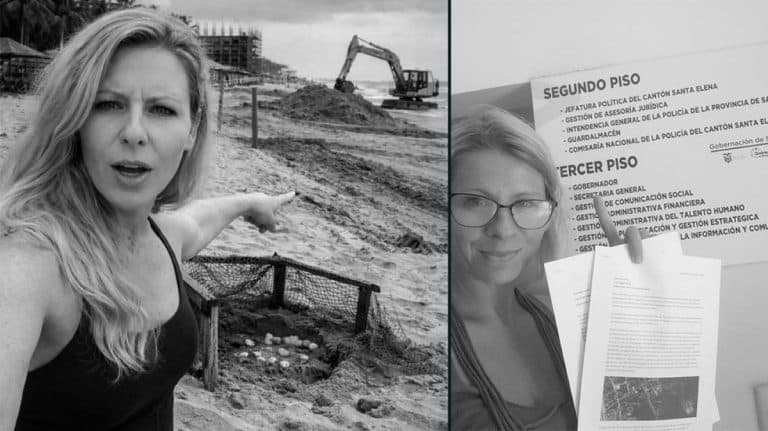 Dwie kobiety na zdjęciach: jedna na plaży wskazuje na wykop, druga trzyma dokumenty w biurze.