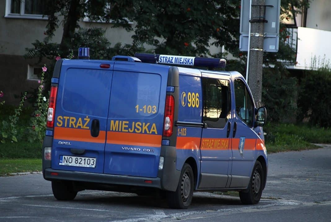 Niebieski samochód straży miejskiej zaparkowany na ulicy w Olsztynie, w tle drzewa i budynki.