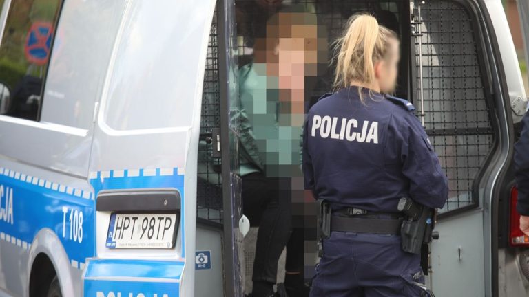 Policjantka rozmawia z kobietą w policyjnym pojeździe, kobieta jest pod wpływem alkoholu, w tle widoczny samochód policyjny.