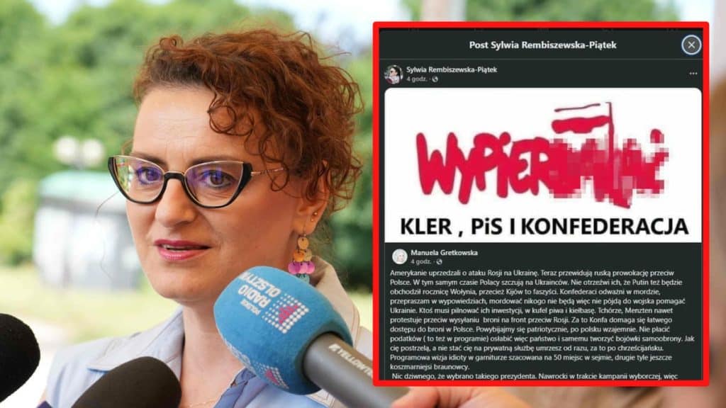 Wiceprezydent Olsztyna podczas wywiadu, w tle mikrofony i zielone otoczenie.