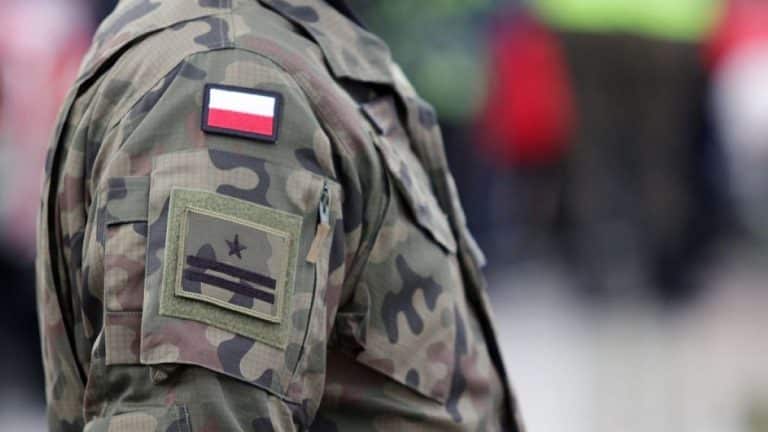 Zdjęcie żołnierza w mundurze wojskowym z polską flagą na ramieniu, z widocznym pagonem i kamuflażem.