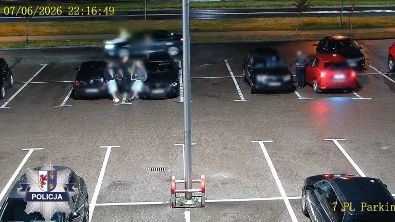 Zdjęcie z monitoringu parkingu, na którym widać kilka samochodów i grupę młodych ludzi, którzy stoją obok nich.
