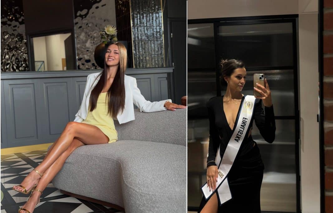 Dwie kobiety na zdjęciach, jedna w eleganckim stroju, druga w sukni z sashą Miss Polski, w różnych wnętrzach.
