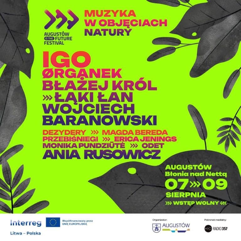 Plakat promujący festiwal w Augustowie z nazwiskami artystów i datami wydarzenia.