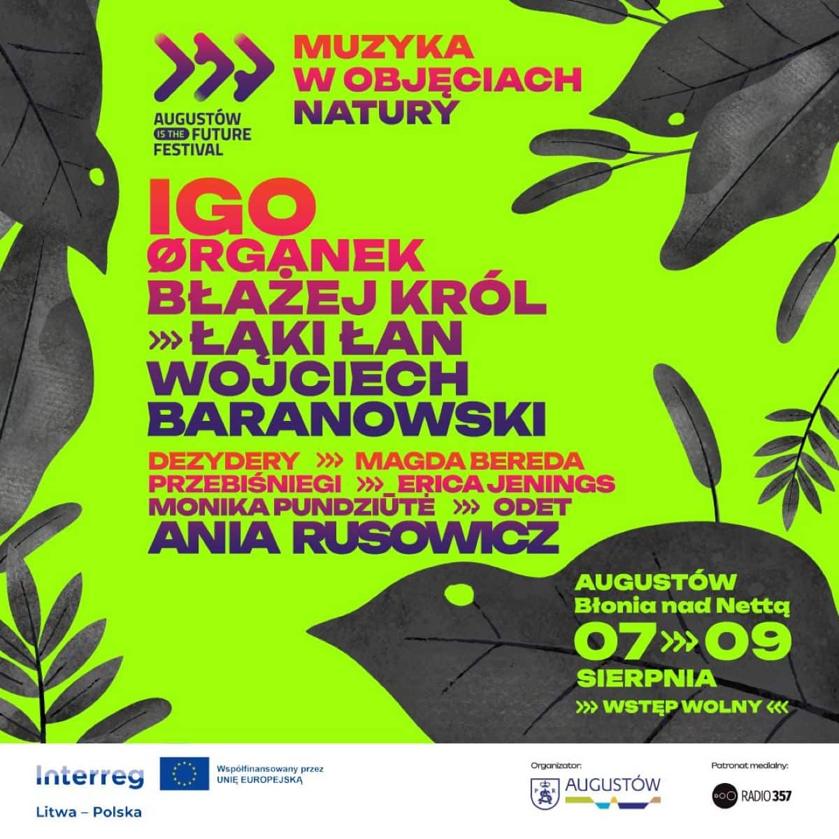 Plakat promujący festiwal w Augustowie z nazwiskami artystów i datami wydarzenia.