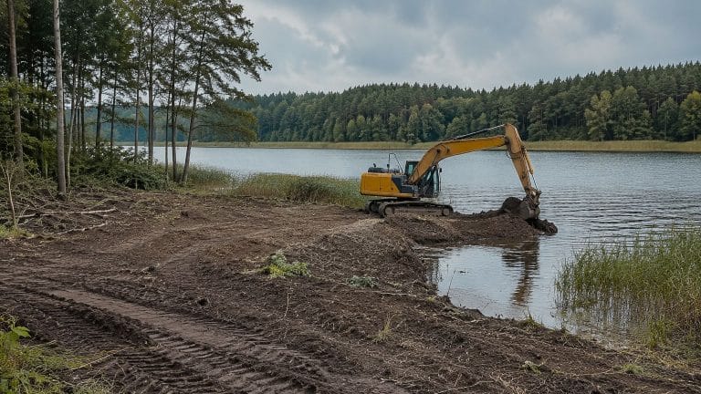 Wykopany teren przy jeziorze z ciężkim sprzętem i wyciętymi roślinami.