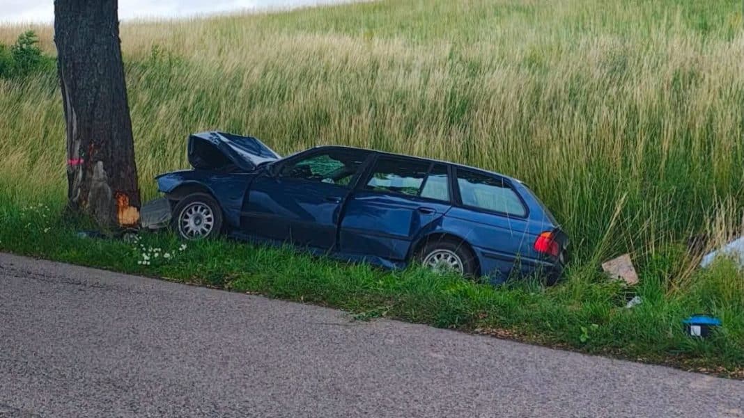 Samochód marki BMW uderzył w drzewo na poboczu drogi, uszkodzony z przodu, w pobliżu wysokiej trawy i pola.