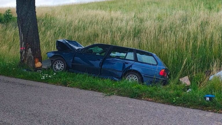 Samochód marki BMW uderzył w drzewo na poboczu drogi, uszkodzony z przodu, w pobliżu wysokiej trawy i pola.