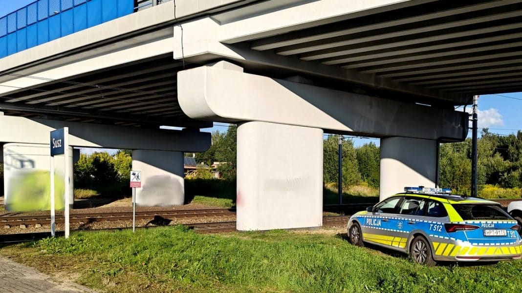 Policja i służby ratunkowe na miejscu wypadku pod mostem nad torami kolejowymi.