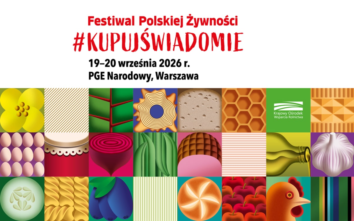 Plakat promujący Festiwal Polskiej Żywności z kolorowymi ilustracjami produktów spożywczych.