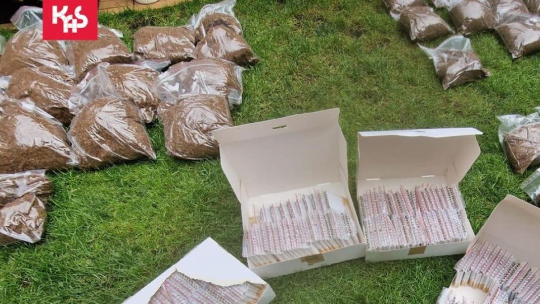 Na zdjęciu widoczne są worki z suszem tytoniowym oraz otwarte pudełka z papierosami bez znaków akcyzy na trawie.
