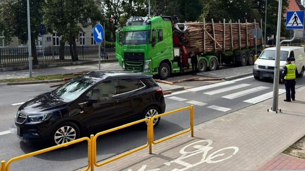 Na zdjęciu widoczny samochód ciężarowy z przewożonym drzewem, które spadło na przejście dla pieszych, obok policjant.
