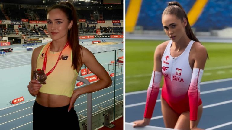 Dwie młode lekkoatletki na stadionie, jedna z medalem, druga na bieżni, w tle trybuny i bieżnia lekkoatletyczna.
