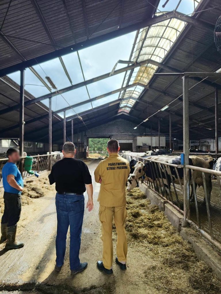 Inspekcja w oborze po trąbie powietrznej na Mazurach, widoczne uszkodzenia konstrukcji.