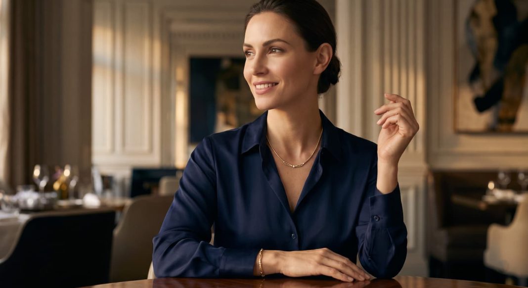 Kobieta w eleganckiej, ciemnoniebieskiej bluzce, nosząca delikatną biżuterię, siedzi przy stole w eleganckim wnętrzu.