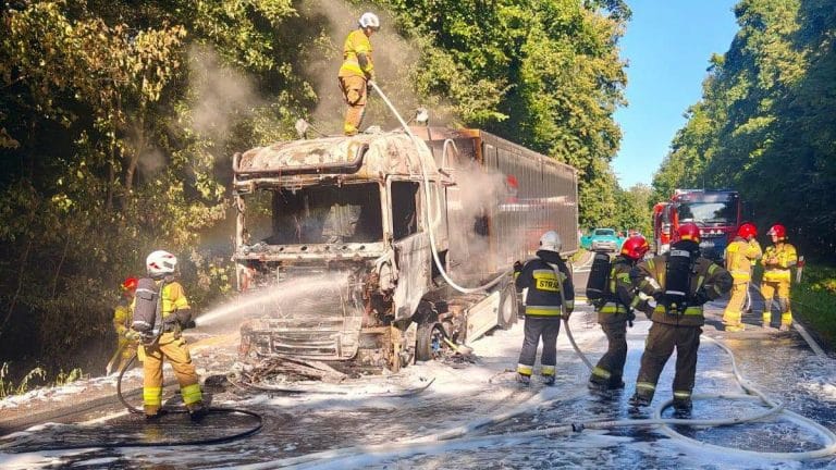 Strażacy gaszą pożar ciężarówki przewożącej zboże na drodze krajowej nr 16, wokół rosnące drzewa.