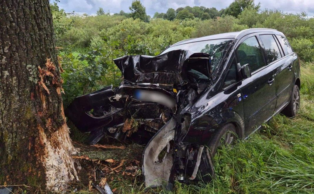 Rozbity samochód marki Opel po wypadku, uderzony w drzewo na drodze powiatowej.