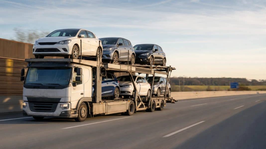 Ciężarówka przewożąca kilka samochodów na autostradzie, widok z boku.