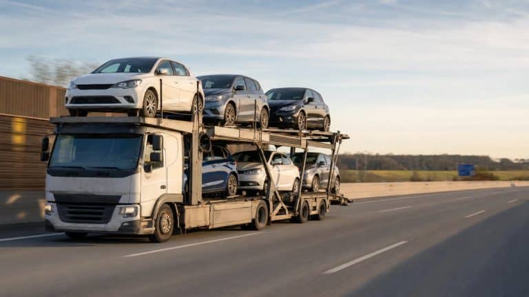 Ciężarówka przewożąca kilka samochodów na autostradzie, widok z boku.