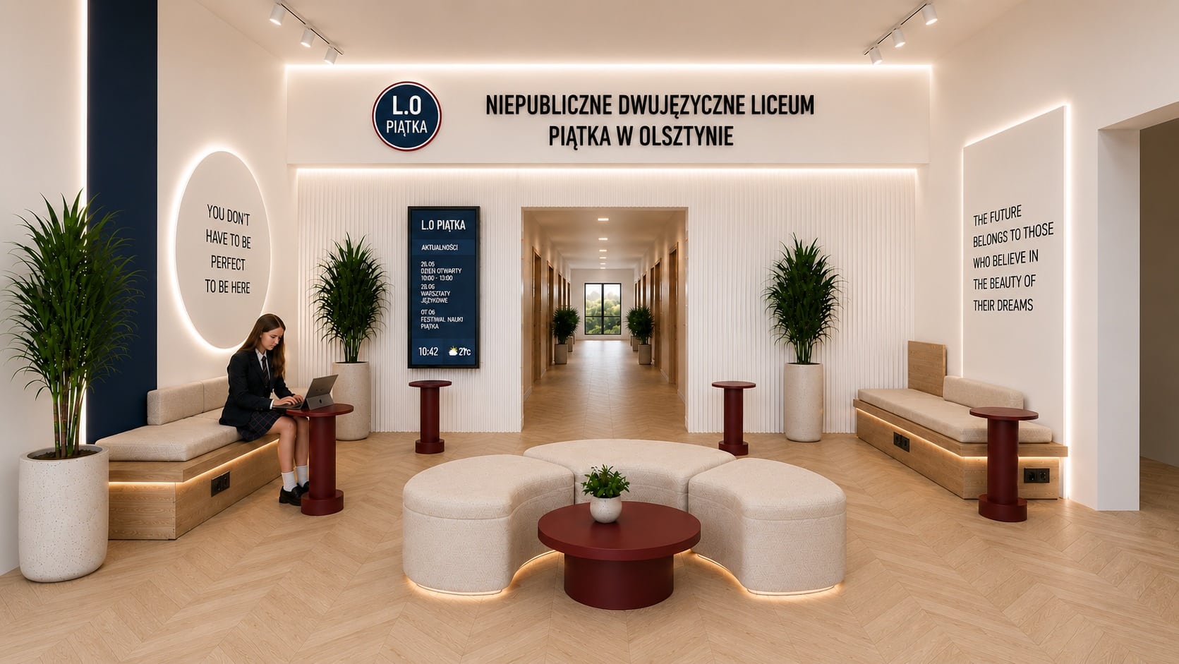 Nowoczesne wnętrze szkoły z dużym lobby, roślinami i wyświetlaczem informacyjnym.
