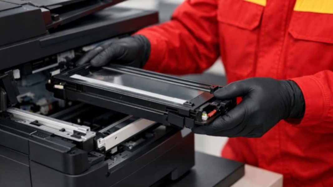 Technik serwisu w czerwonym kombinezonie naprawia drukarkę laserową