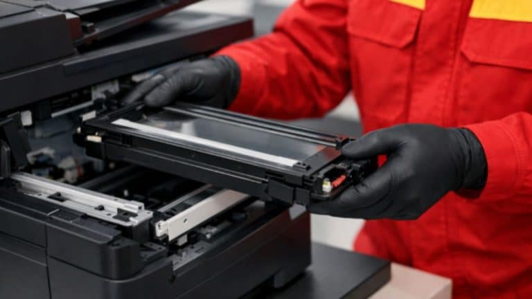 Technik serwisu w czerwonym kombinezonie naprawia drukarkę laserową