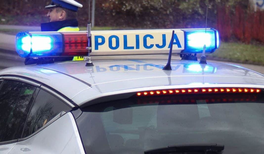 Policja z włączonymi światłami na samochodzie w parku wieczorem.
