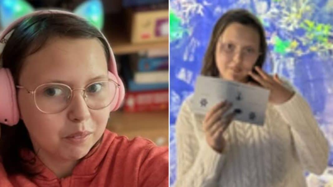 Zdjęcia zaginionej 16-letniej dziewczyny, jedna w słuchawkach, druga z kartą do gry, na tle różnych tła.