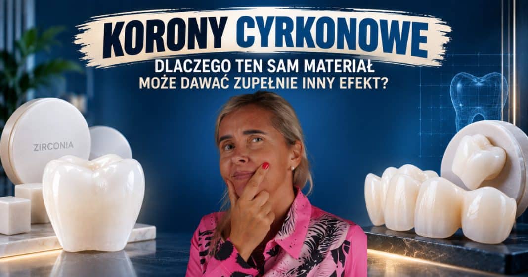 Kobieta zastanawia się, dotykając policzka, w tle wyświetlają się modele koron cyrkonowych i plansza z napisem.