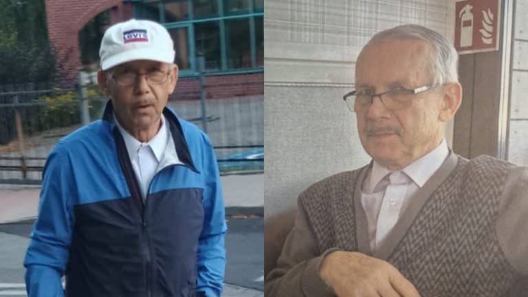 Zdjęcie zaginionego 81-latka, mężczyzny w okularach, ubrany w sweter i koszulę, na tle różnych miejsc.