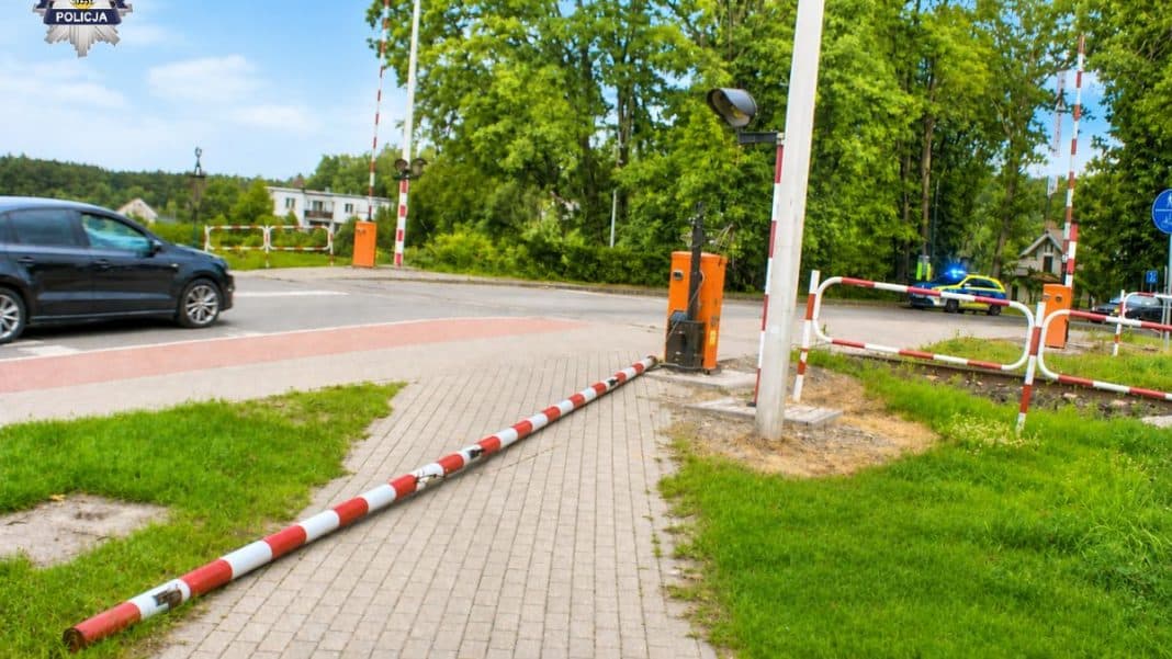 Przejazd kolejowy z opuszczonymi rogatkami, migającymi światłami i nadjeżdżającym pociągiem, widok z perspektywy chodnika.