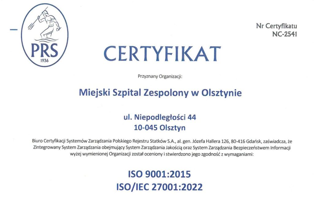Certyfikat potwierdzający zgodność szpitala z międzynarodowymi standardami jakości i bezpieczeństwa.