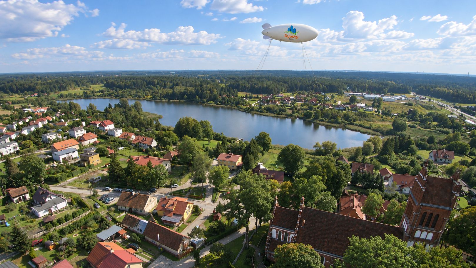 Widok na jezioro i okolicę z balonem nad głową podczas wydarzenia pod Olsztynem.