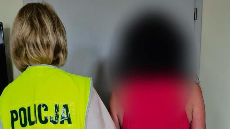 Policjantka rozmawia z kobietą, której twarz jest zamazana, w pomieszczeniu.