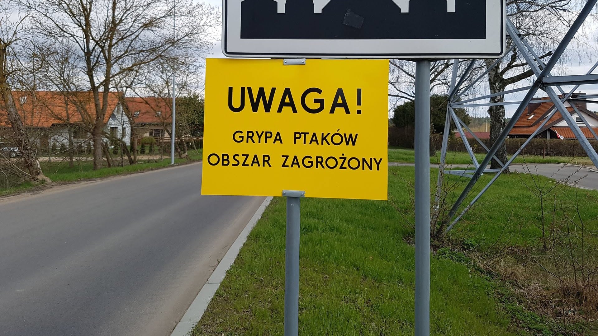 Żółta tablica ostrzegawcza na poboczu drogi z napisem o zagrożeniu grypą ptaków w regionie.