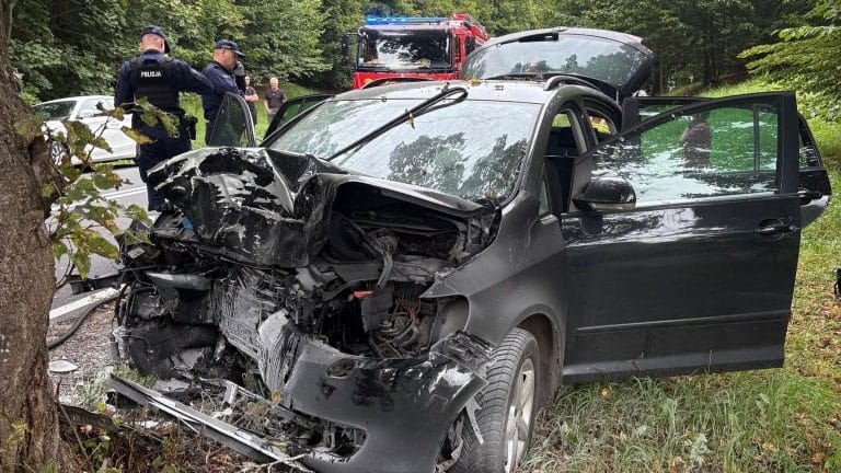 Uszkodzony czarny samochód po wypadku, na miejscu interwencja służb ratunkowych.