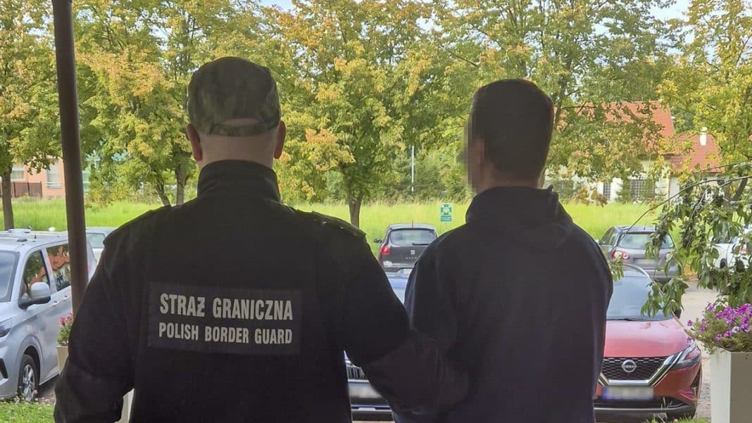 Funkcjonariusz Straży Granicznej rozmawia z mężczyzną na zewnątrz, w tle samochody i drzewa.