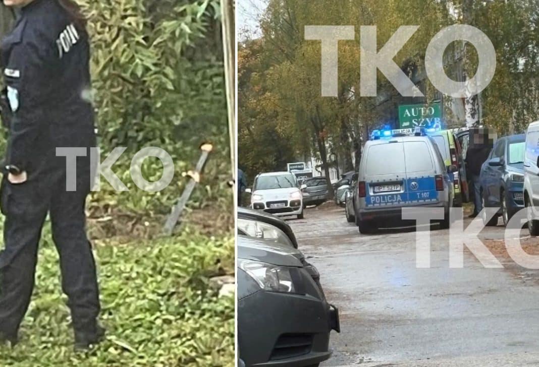 Policja na miejscu zdarzenia w Olsztynie, w tle radiowóz z włączonymi światłami.