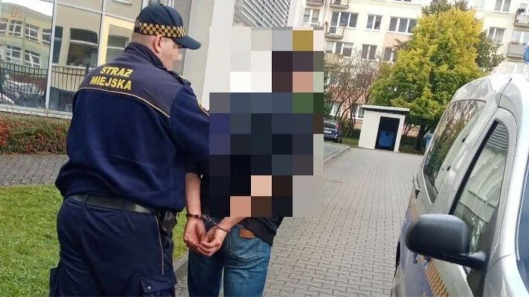 Strażnik miejski zatrzymuje nietrzeźwego mężczyznę na ulicy Mochnackiego w Olsztynie.