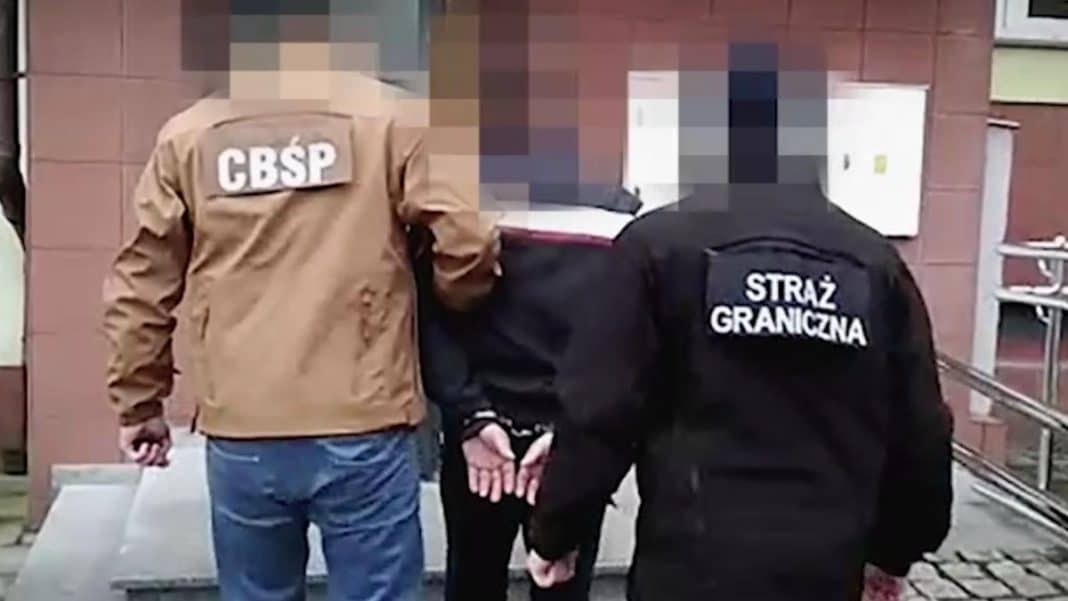 Funkcjonariusze Straży Granicznej i CBŚP zatrzymują osobę przy samochodach na tle budynku.