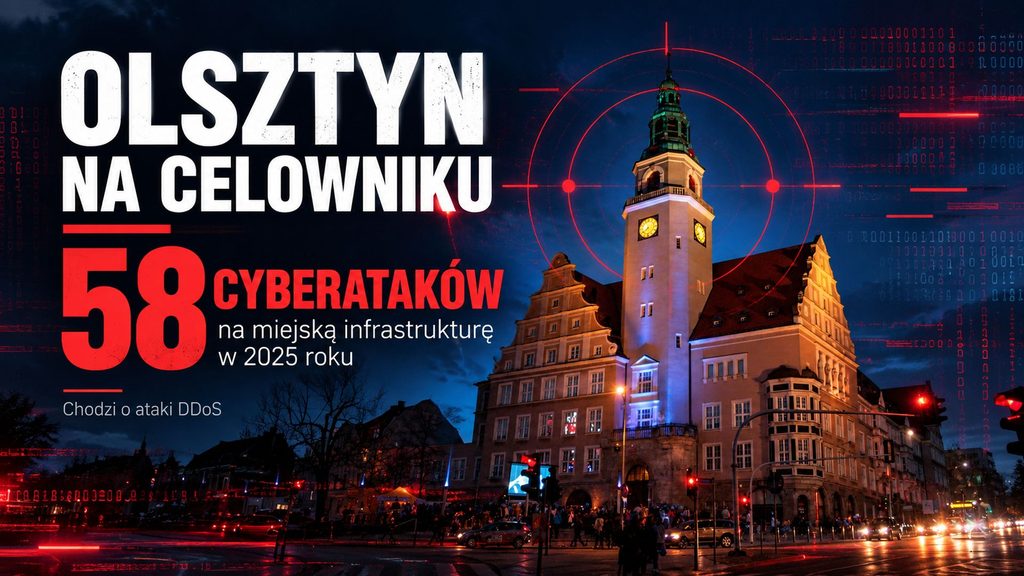 Widok na ratusz w Olsztynie z nałożonymi elementami graficznymi symbolizującymi cyberzagrożenia.