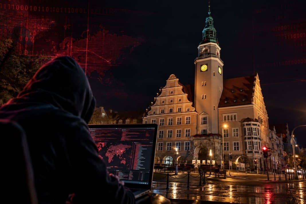 Osoba w kapturze pracuje na laptopie przed ratuszem w nocy, z cyfrowymi mapami i kodami na ekranie.